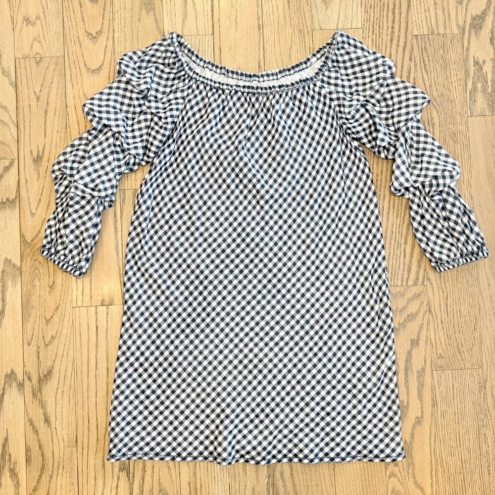 Max Studio Women’s Gingham Navy Blue and White Off-Shoulder Dress Puff Sleeve M